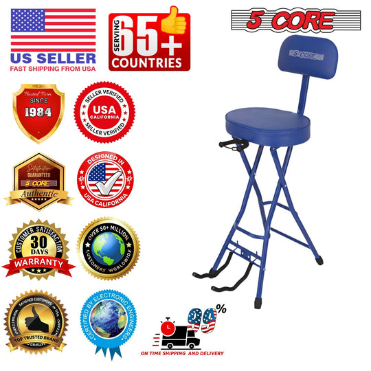 5Core Guitar Stool 3.15" Padded Chair w Backrest Foldable Music Seat Built in Foot Rest Guitar Stand