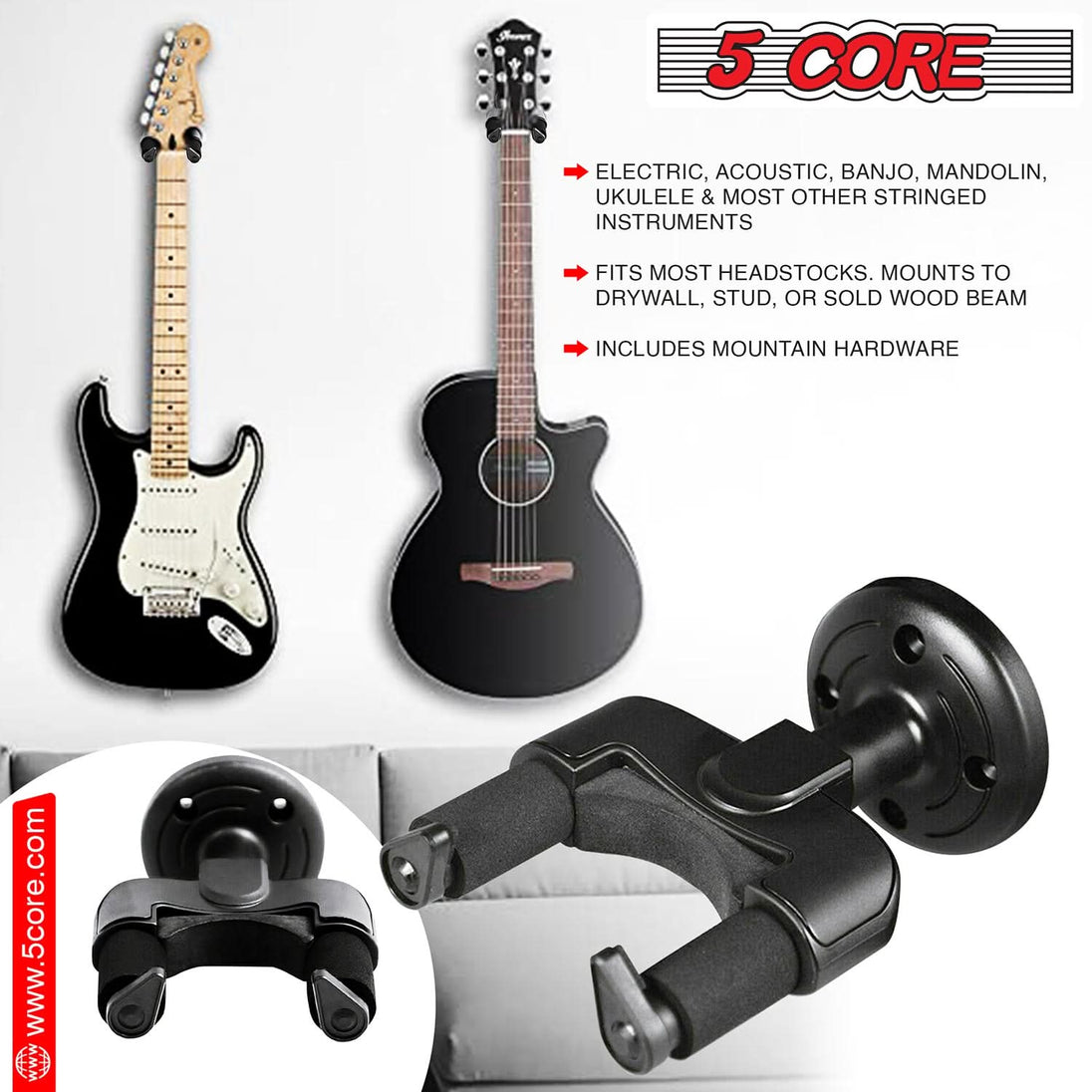 5Core Guitar Wall Mount Hanger 4Pcs Hook Metal Base Soft Padding Adjustable Rotatable Holder