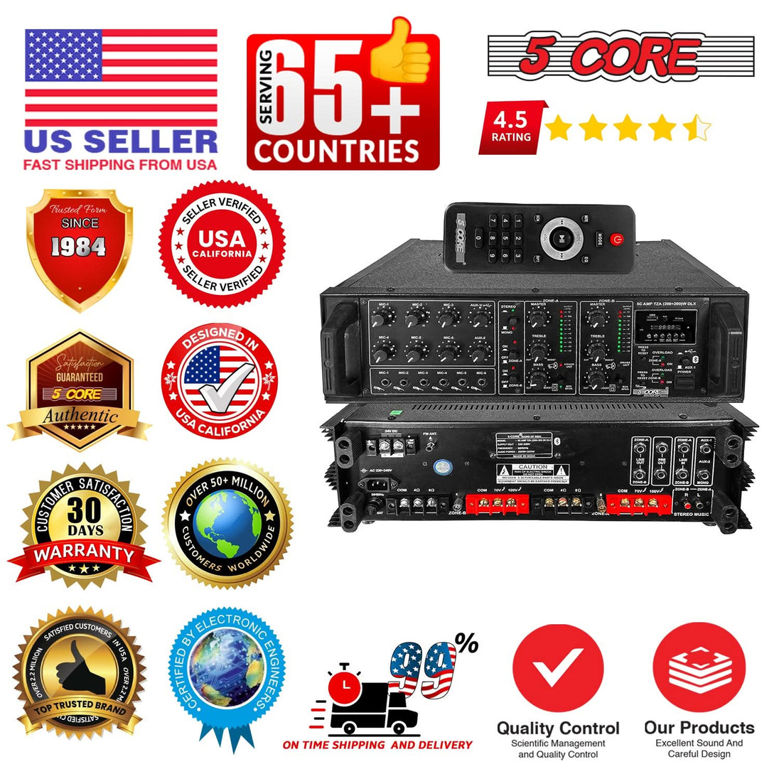 5 Core Power Amplifier 500W PA DJ Stereo Receiver 6 Mic Inputs USB FM Radio Rack Mount  Amplificador