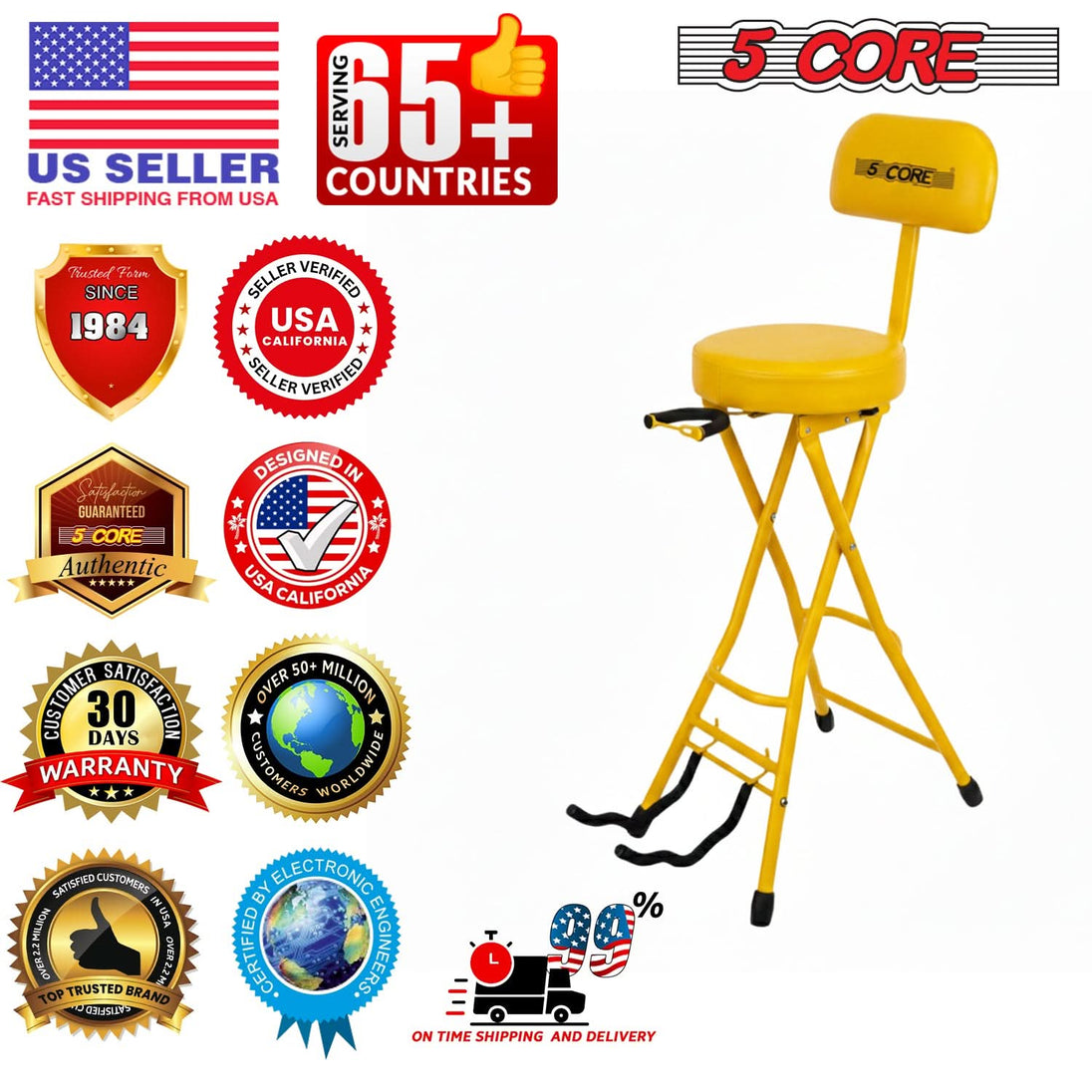 5Core Guitar Stool 3.15" Padded Chair w Backrest Foldable Music Seat Built in Foot Rest Guitar Stand