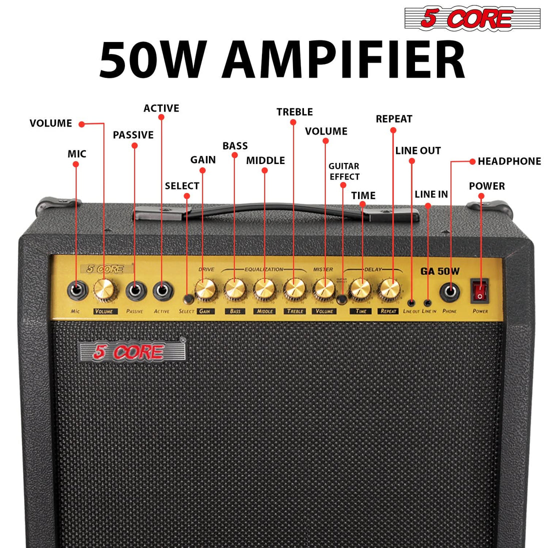 5 Core Guitar Amp 50 Watt  Electric Amplifier w Built in 8" Speaker Portable Mini Amps w Aux