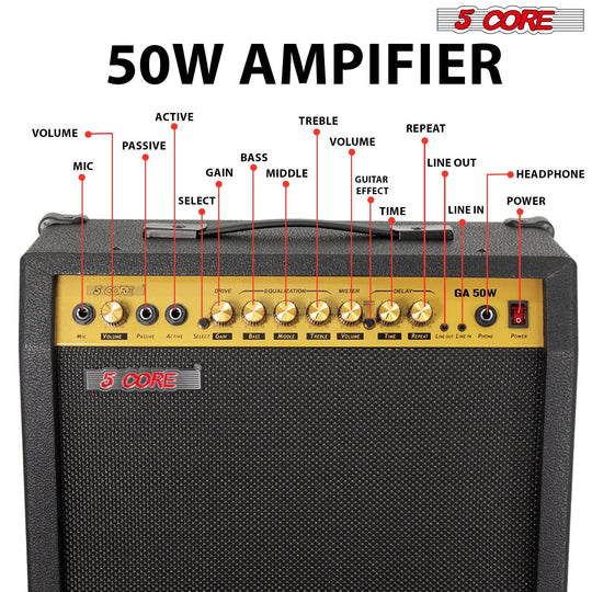5 Core Guitar Amp 50 Watt  Electric Amplifier w Built in 8" Speaker Portable Mini Amps w Aux