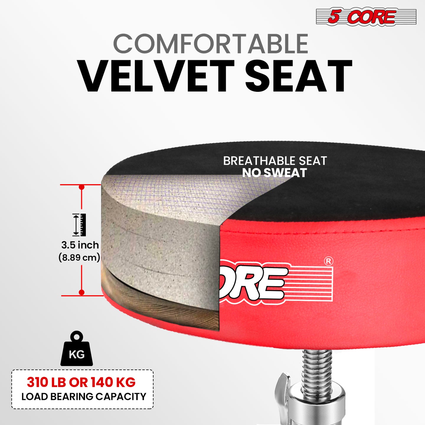 Padded velvet drum throne with a sturdy build, high weight capacity, and thick cushioning for extra comfort.