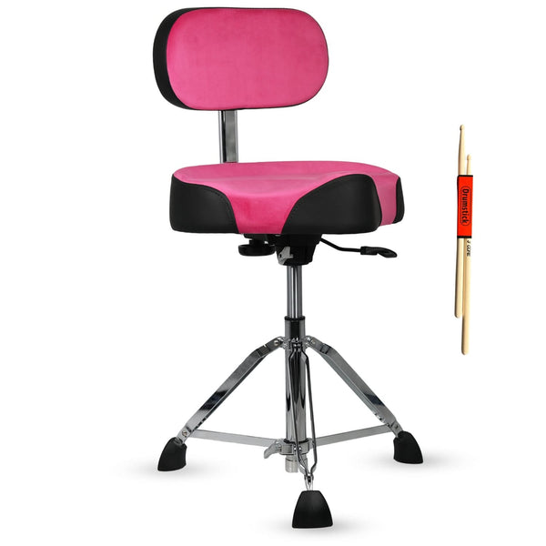 Pink and black drum chair with a pair of drumsticks