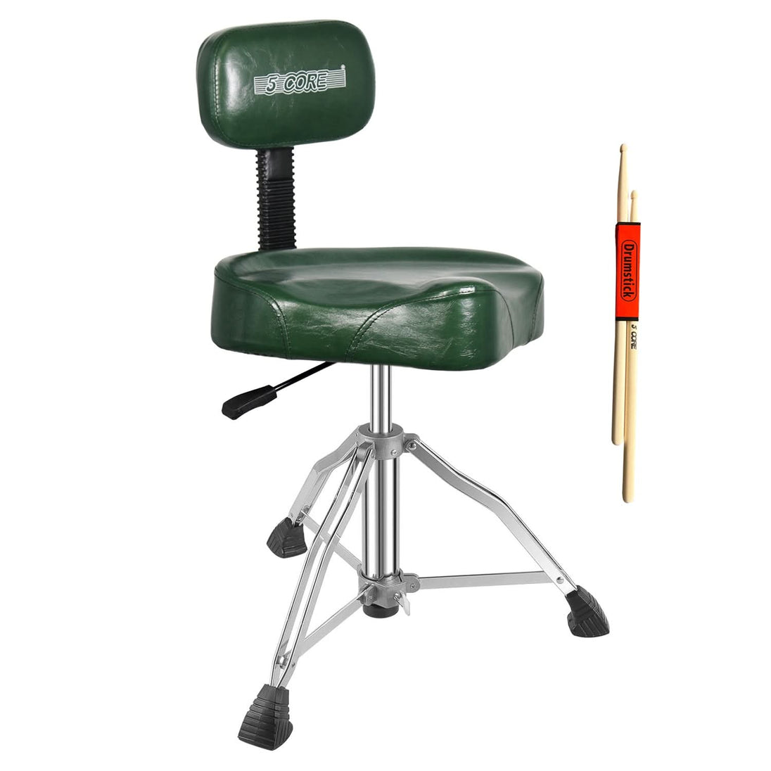Green drum throne with a pair of drumsticks