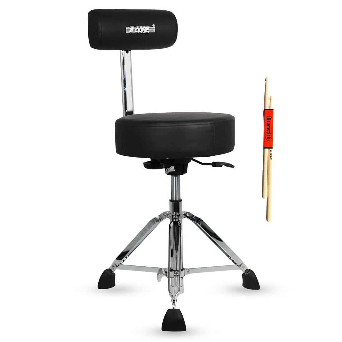 Black drum stool with a cushioned seat and backrest