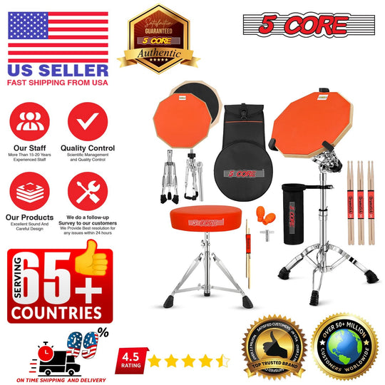 Adjustable guitar stool with cushioned seat and drumming practice pad