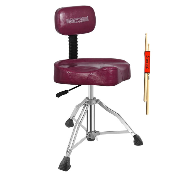 Maroon drum throne with a pair of drumsticks