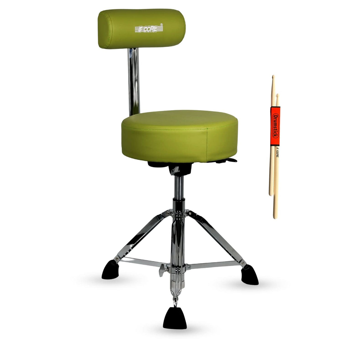 Green drum stool with a backrest and two drumsticks
