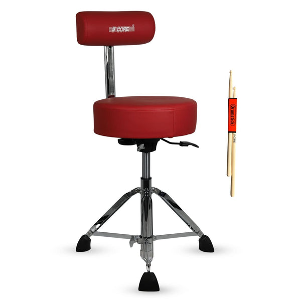 Red drum stool with a footrest and two drumsticks