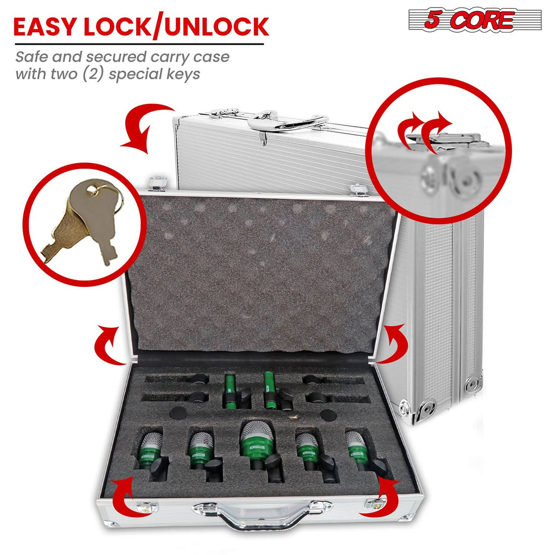 Drum mic set with a secure lock/unlock carry case for easy transport and storage.