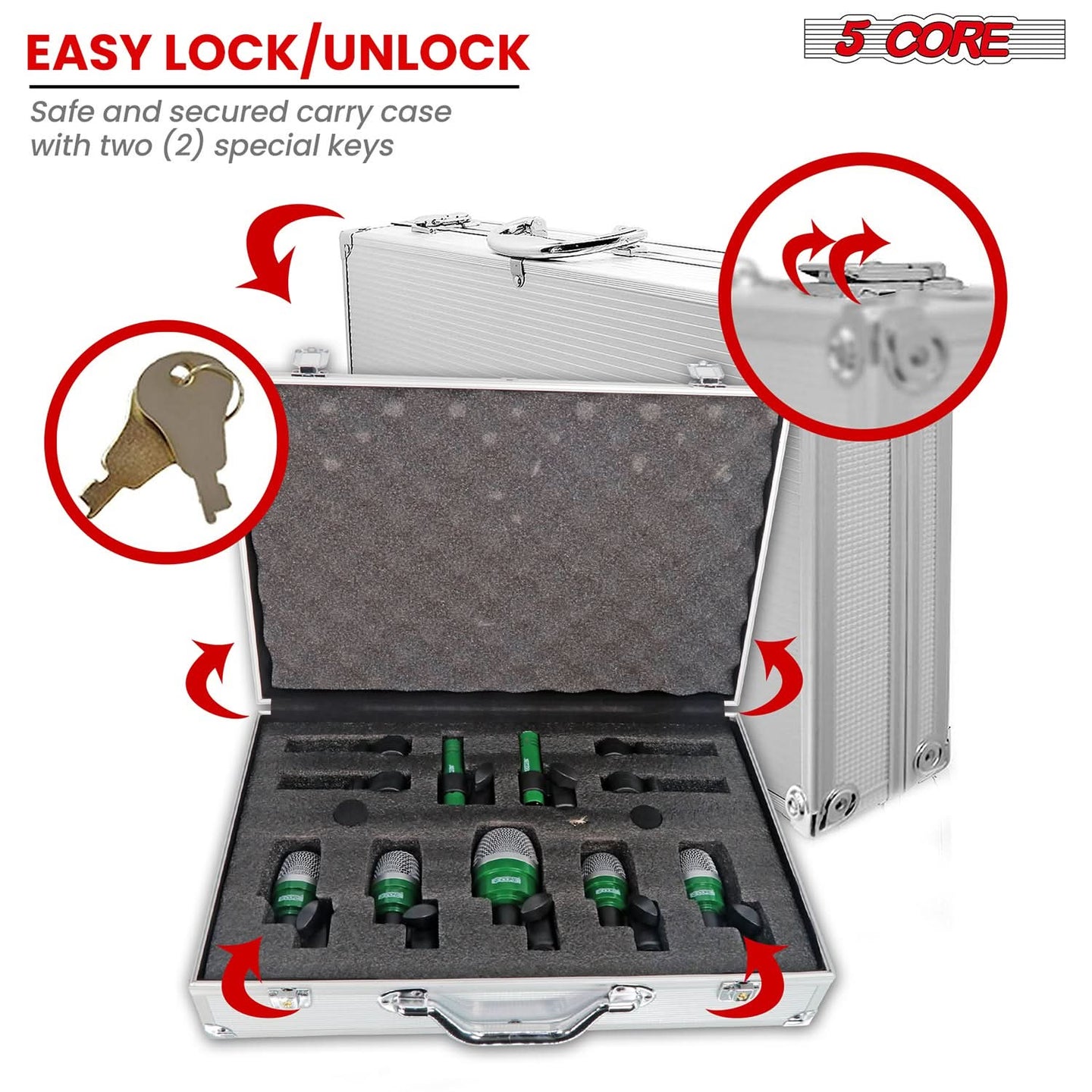 Drum mic set with a secure lock/unlock carry case for easy transport and storage.