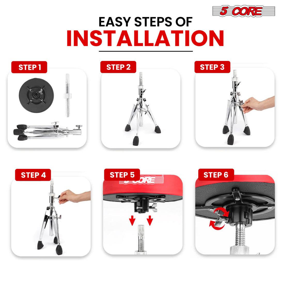 Hassle-free installation drum throne featuring a sturdy frame, cushioned seat, and height adjustability.