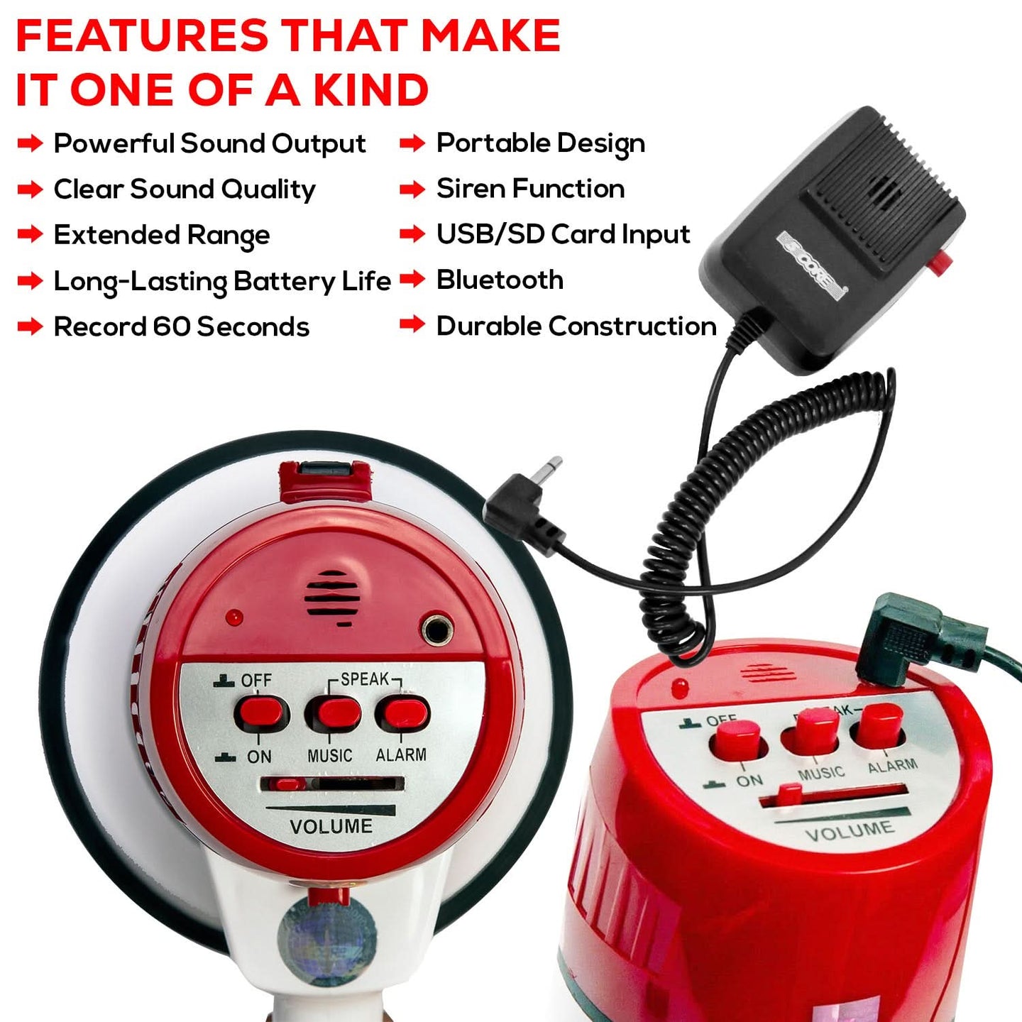 Compact and portable bullhorn megaphone with dimensions (13.5" length, 8" diameter, 9.5" height) and a weight of 3.50 lbs.