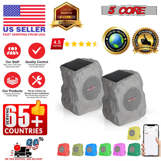 Rock speaker with solar and USB charging, Bluetooth, waterproof, and RGB lights