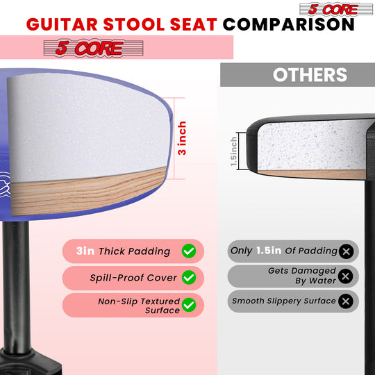 Guitar stool with thick, comfortable sponge padding for superior support and comfort.