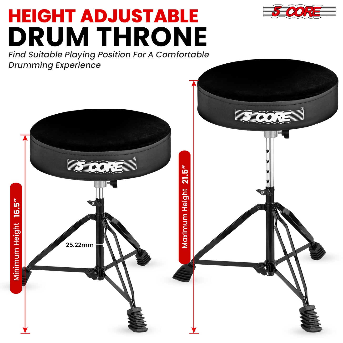 Height adjustable drum stool featuring a lever mechanism for easy adjustments and a cushioned seat for comfort.