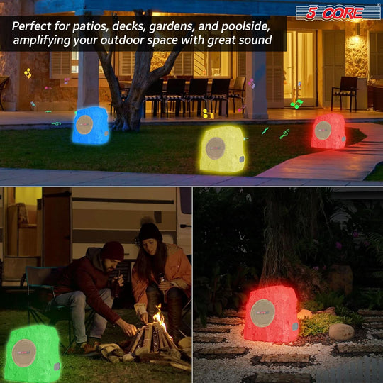 5 Core Rock Speaker 2Pcs Outdoor Garden Speakers Solar & USB Charging RGB Colors for Patio Pool & Home