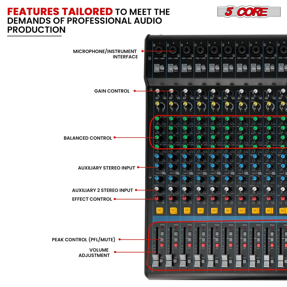 5Core DJ Audio Mixer 24 Channel Stereo Sound Board w 256 effects USB Bluetooth 48V Phantom Power