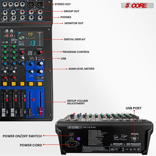 5 Core Audio Mixer 12 Channel DJ Soundboard USB Interface Bluetooth Mixing Console w 99 DSP Effect