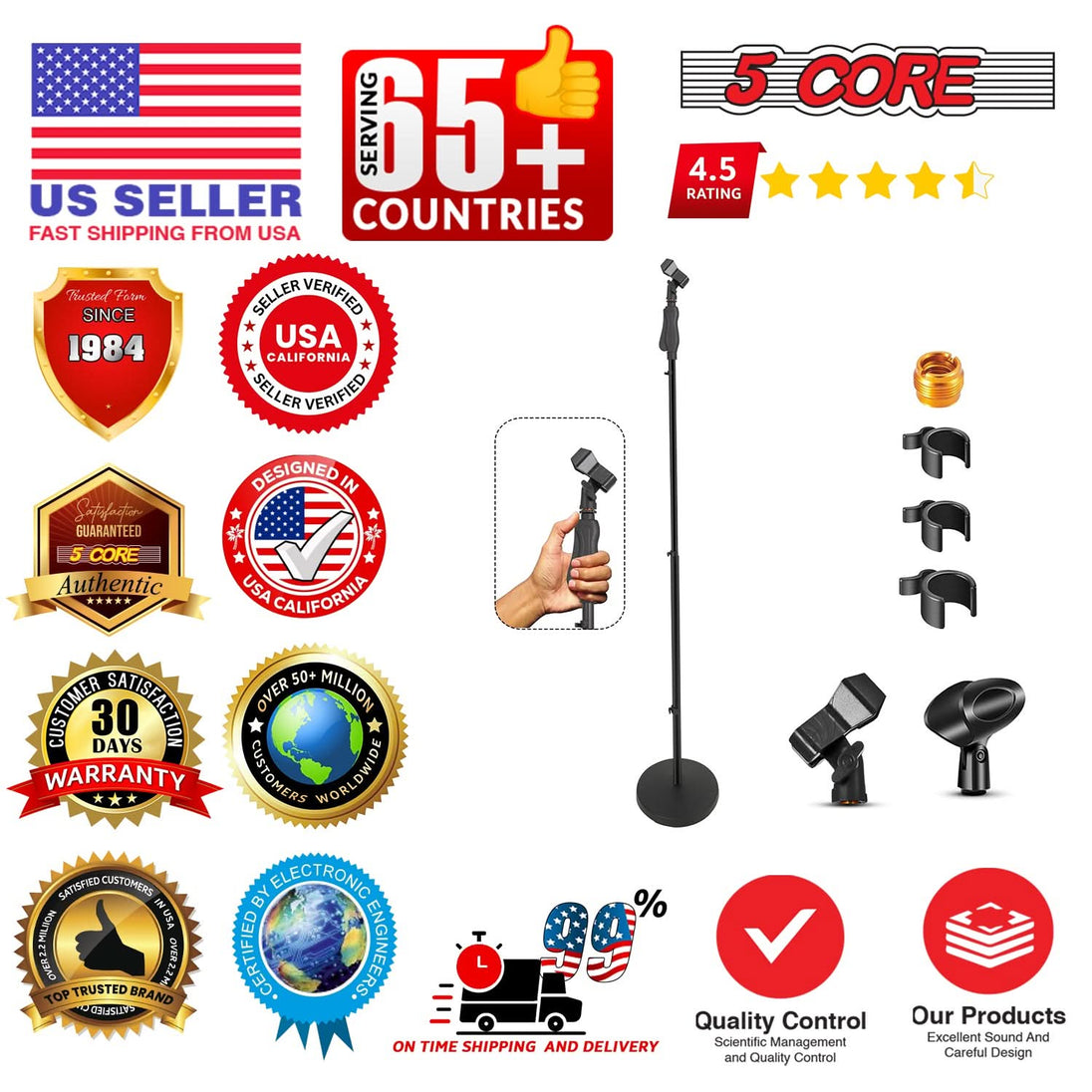 5 Core Microphone Stand Universal Floor Height Adjustable 35 to 57" Round Base Mic Stands Quick Setting Lock-Tight Knob w 5/8 Thread Adapter