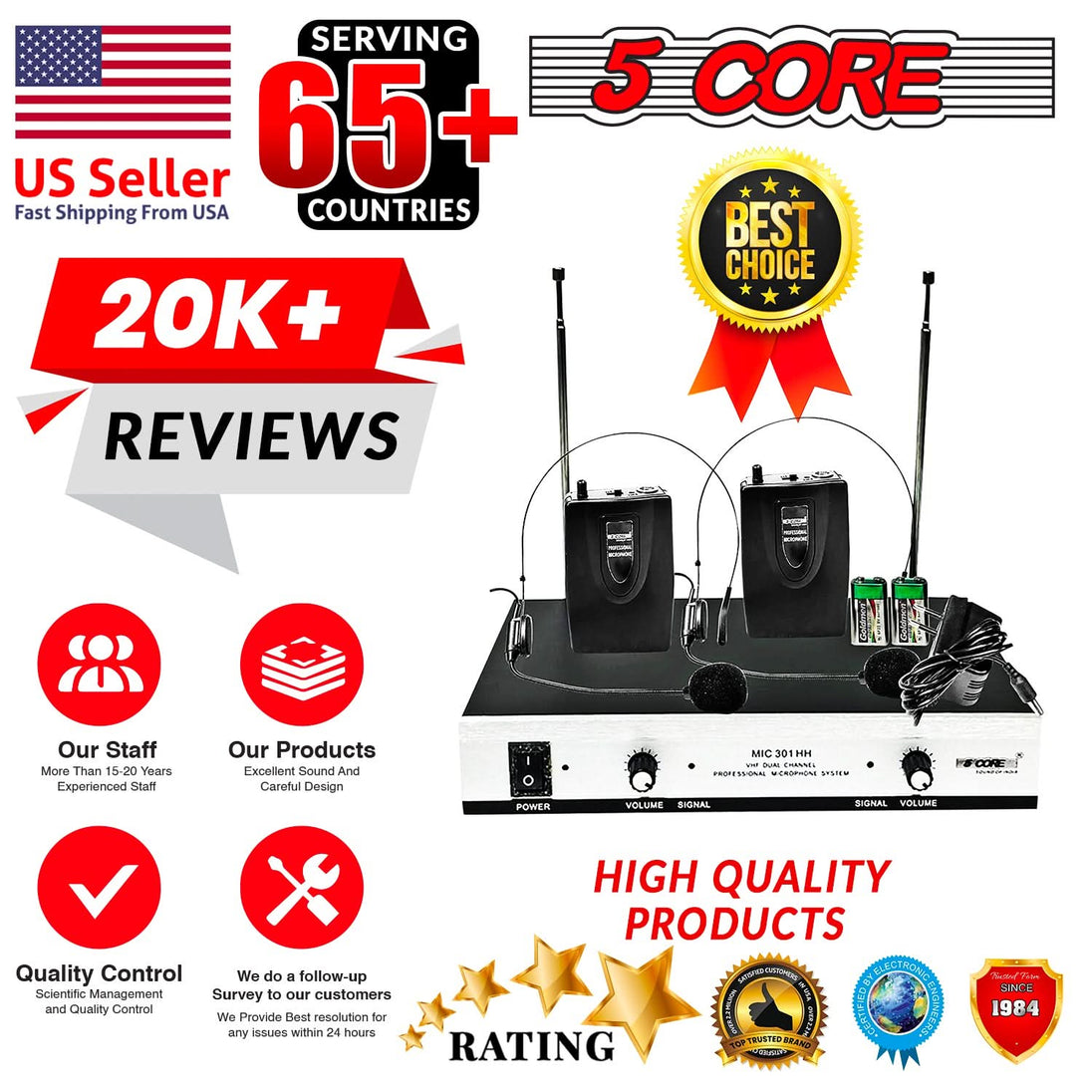 5Core Wireless Microphones w 2 Headset Portable Mini Microfono Inalambricos + Receiver 165ft Range