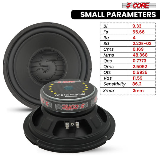 5 Core 8 Inch Subwoofer Pair 200W Car Audio Woofer 4 Ohm Replacement Deep Bass Loud Speaker