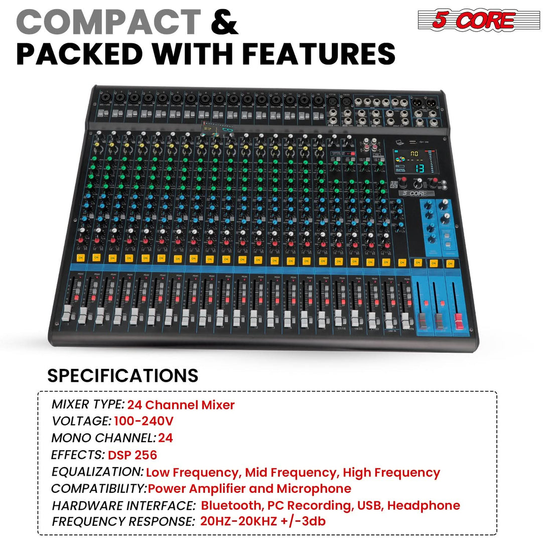 5Core DJ Audio Mixer 24 Channel Stereo Sound Board w 256 effects USB Bluetooth 48V Phantom Power