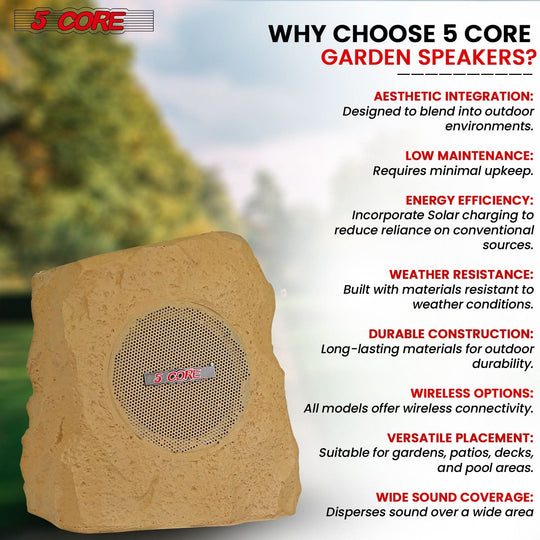 5 Core Rock Speaker 2Pcs Outdoor Garden Speakers Solar & USB Charging RGB Colors for Patio Pool & Home