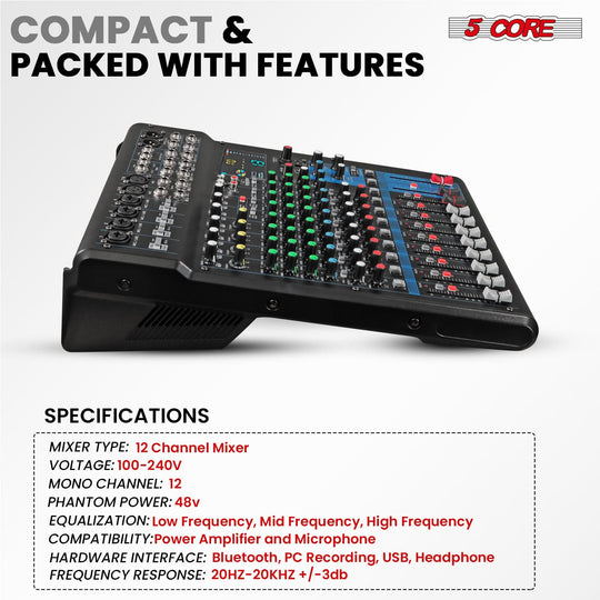 5 Core Audio Mixer 12 Channel DJ Soundboard USB Interface Bluetooth Mixing Console w 99 DSP Effect