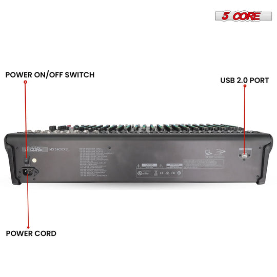 5Core DJ Audio Mixer 24 Channel Stereo Sound Board w 256 effects USB Bluetooth 48V Phantom Power