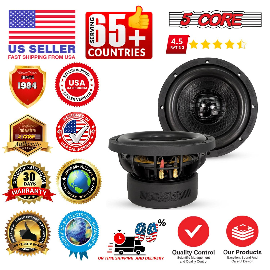 5 Core 8 Inch Subwoofer Dual 2 Ohm 1000W Car Replacement Loud Audio Speaker Component Sub Woofer