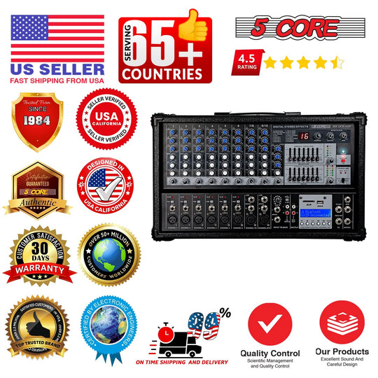 5Core Audio Mixer Powered 12 Channel 240V Mixer System USB MP3 Bluetooth SD readers Digital LCD Display