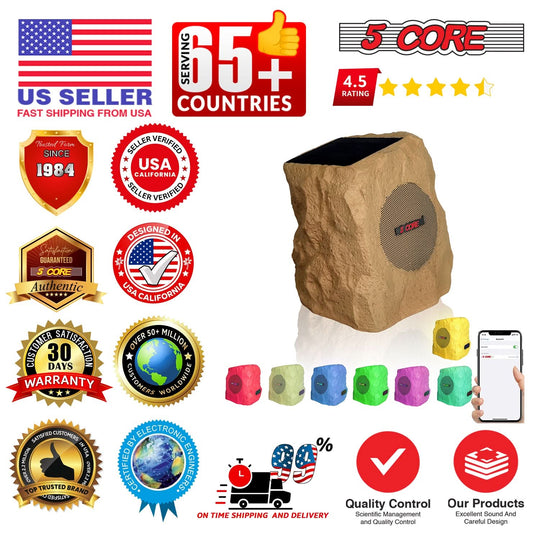 5 Core Rock Speaker 2Pcs Outdoor Garden Speakers Solar & USB Charging RGB Colors for Patio Pool & Home