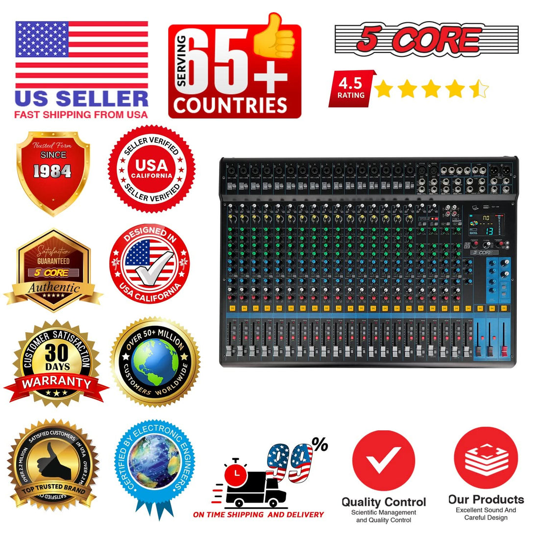 5Core DJ Audio Mixer 24 Channel Stereo Sound Board w 256 effects USB Bluetooth 48V Phantom Power