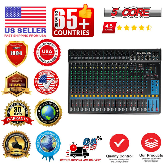 5Core DJ Audio Mixer 24 Channel Stereo Sound Board w 256 effects USB Bluetooth 48V Phantom Power