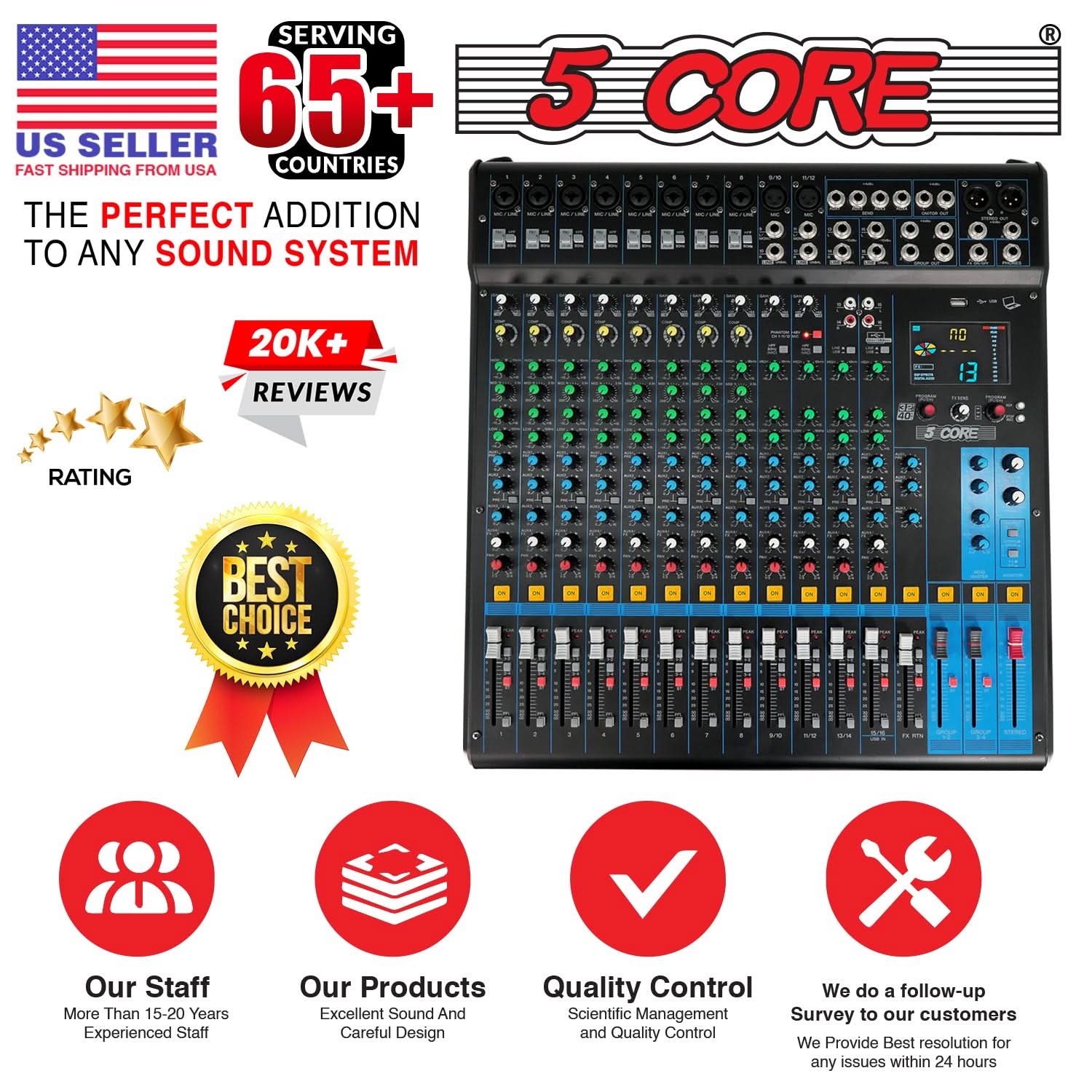 Audio Mixer 16 Channel DJ Sound Board w 24 SPX Effect - 5 Core