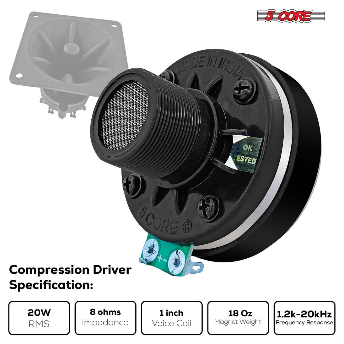 5Core Compression Pair Driver 200W Peak Audio Power Aluminum Tweeter Diaphragm 8 Ohm Horn Speaker