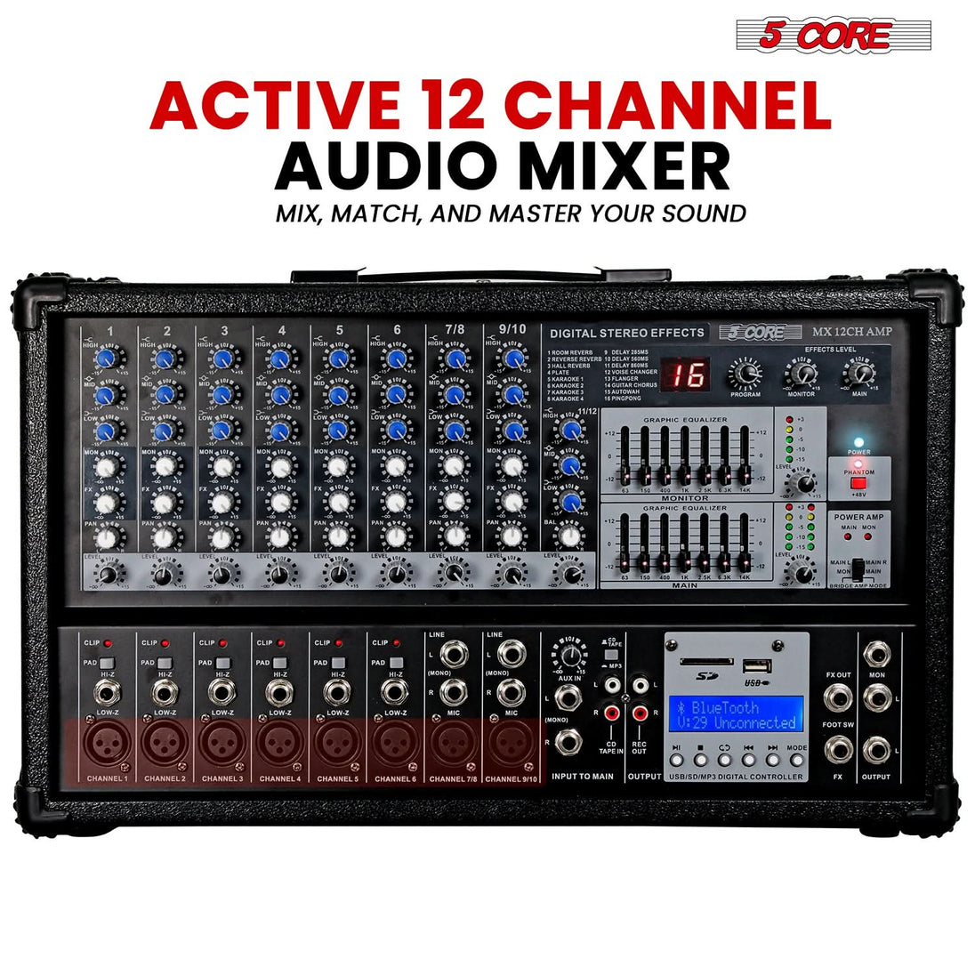 5Core Audio Mixer Powered 12 Channel 240V Mixer System USB MP3 Bluetooth SD readers Digital LCD Display