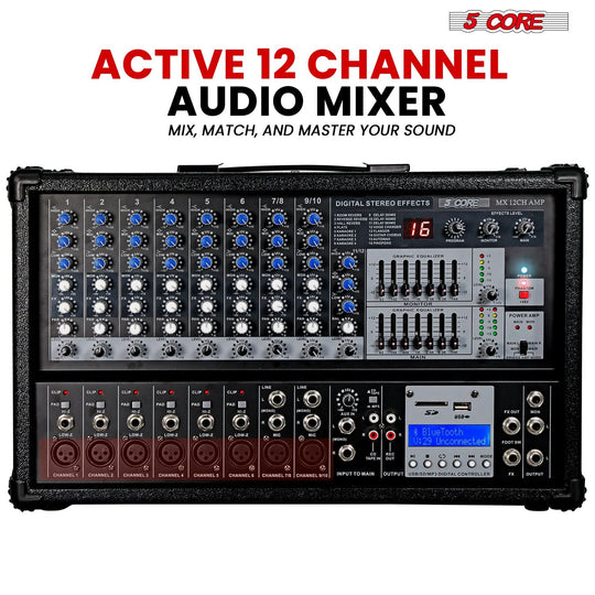 5Core Audio Mixer Powered 12 Channel 240V Mixer System USB MP3 Bluetooth SD readers Digital LCD Display