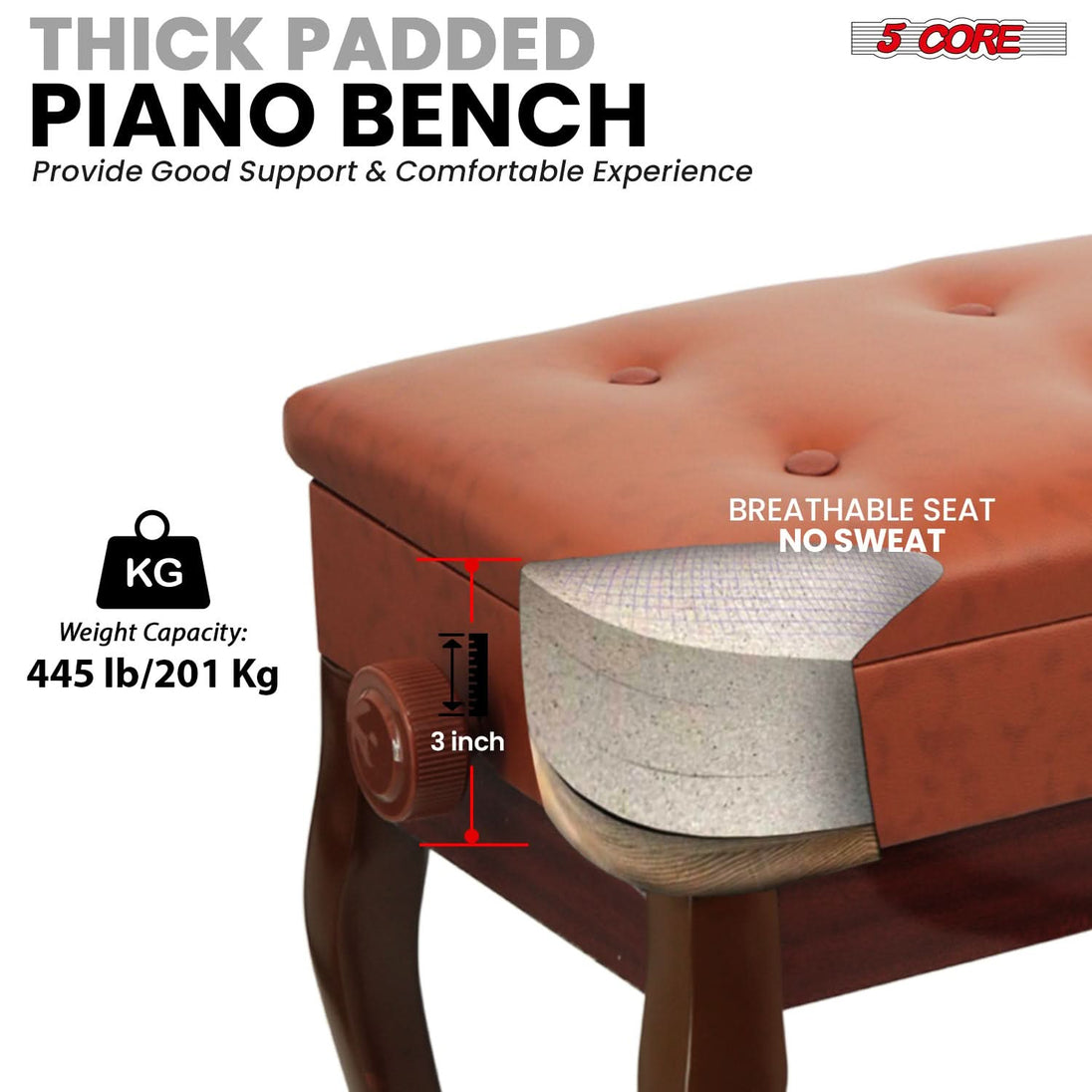 5 Core Piano Bench 3" Padded Cushioned Stool Wooden Heavy Duty Adjustable Musician Chair w Storage