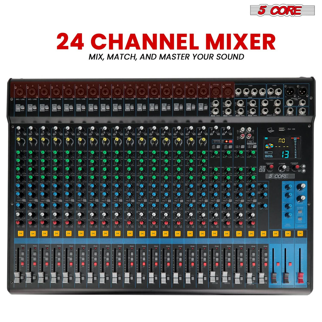 5Core DJ Audio Mixer 24 Channel Stereo Sound Board w 256 effects USB Bluetooth 48V Phantom Power