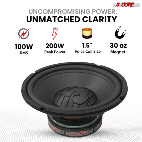 5 Core 8 Inch Subwoofer 200W Car Audio Woofer 4 Ohm Replacement Deep Bass Component Loud Speaker