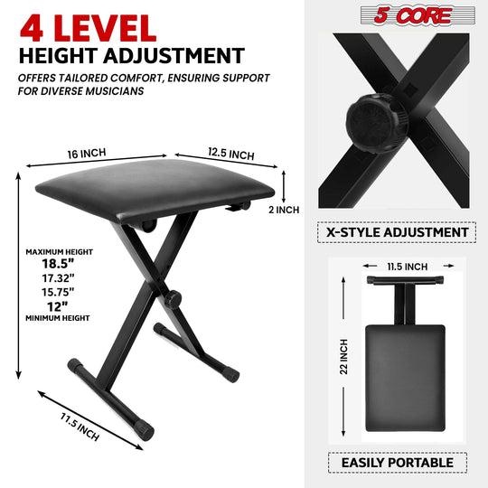 5 Core Keyboard & Bench Set Combo Height Adjustable Key Board Stands w Padded 2" Cushioned Musician Chair