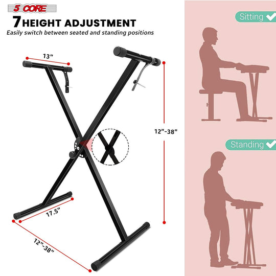 Durable 5Core single X piano stand and cushioned bench combo