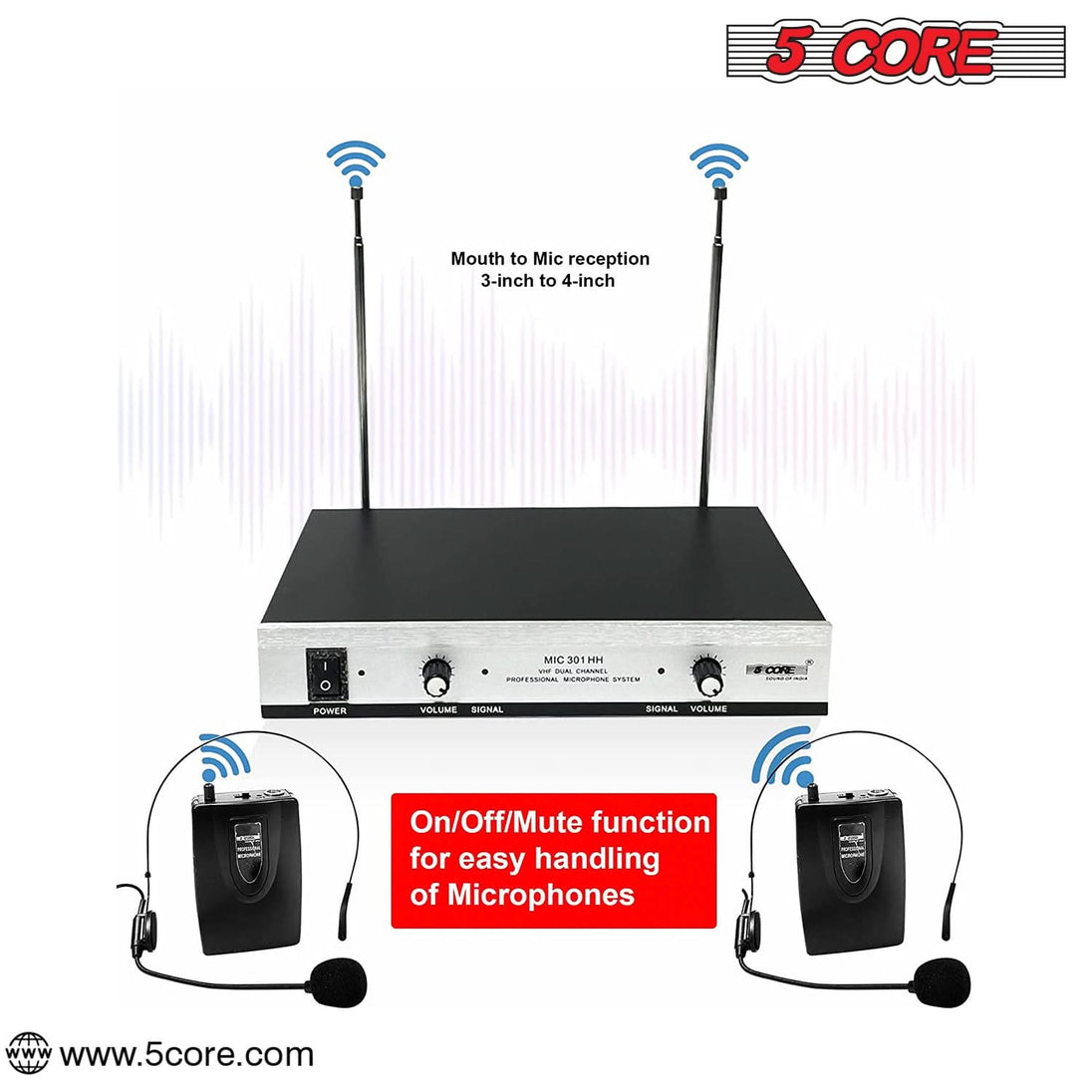 5Core Wireless Microphones w 2 Headset Portable Mini Microfono Inalambricos + Receiver 165ft Range