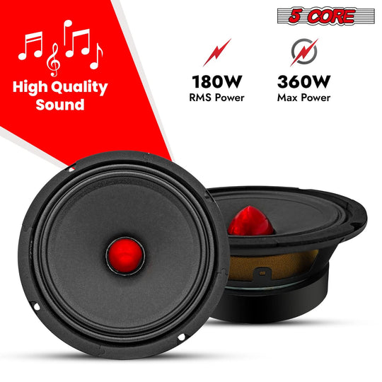 5 Core 6.5" Subwoofer Speaker Pair 360W Mid Range Car Audio Sub Woofer 4Ohm Bass Replacement Driver