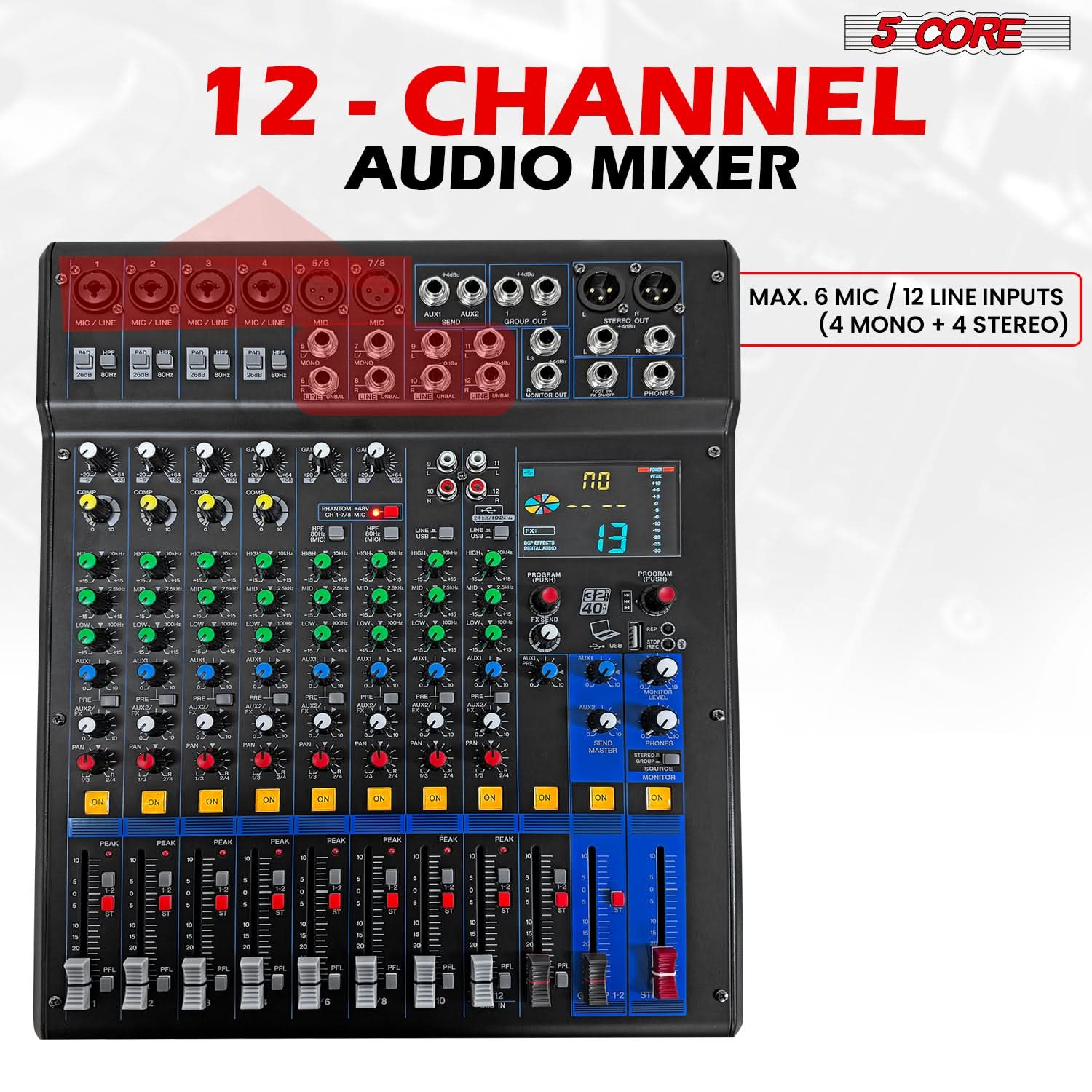 Audio Mixer 12 Channel DJ Sound Board Bluetooth Soundboard