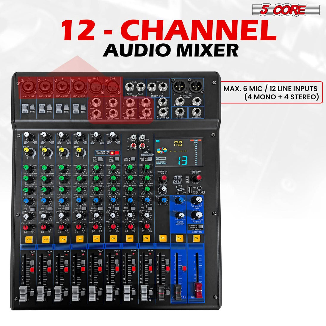 5 Core Audio Mixer 12 Channel DJ Soundboard USB Interface Bluetooth Mixing Console w 99 DSP Effect