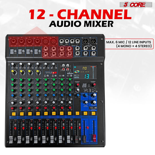 5 Core Audio Mixer 12 Channel DJ Soundboard USB Interface Bluetooth Mixing Console w 99 DSP Effect